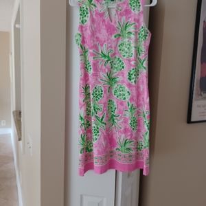 Barbara Erickson Pinapple Pink and Green Tropical Dress. cotton with spandex S